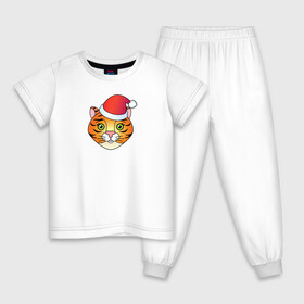 Детская пижама хлопок с принтом Мордочка Тигра в колпаке Санты в Курске, 100% хлопок |  брюки и футболка прямого кроя, без карманов, на брюках мягкая резинка на поясе и по низу штанин
 | 2022 | колпак санты | новый год | символ | тигр