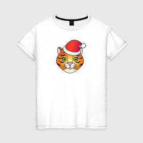 Женская футболка хлопок с принтом Мордочка Тигра в колпаке Санты в Курске, 100% хлопок | прямой крой, круглый вырез горловины, длина до линии бедер, слегка спущенное плечо | 2022 | колпак санты | новый год | символ | тигр