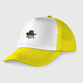 Детская кепка тракер с принтом Дождевая лягушка в шляпе в Курске, Козырек - 100% хлопок. Кепка - 100% полиэстер, Задняя часть - сетка | универсальный размер, пластиковая застёжка | cowboy | cowboy hat | desert rain frog | howdy meme | meme | дождевая лягушка | иллюстрация | ковбой | ковбойская шляпа | лягуха | мемы | настроение | недовольное лицо | прикольные картинки | рисунок | сердитая лягушка