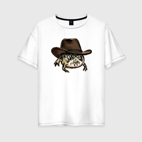 Женская футболка хлопок Oversize с принтом Дождевая лягушка в шляпе в Курске, 100% хлопок | свободный крой, круглый ворот, спущенный рукав, длина до линии бедер
 | cowboy | cowboy hat | desert rain frog | howdy meme | meme | дождевая лягушка | иллюстрация | ковбой | ковбойская шляпа | лягуха | мемы | настроение | недовольное лицо | прикольные картинки | рисунок | сердитая лягушка