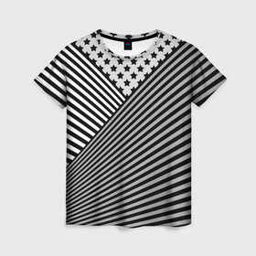 Женская футболка 3D с принтом Полосатый комбинированный узор в Курске, 100% полиэфир ( синтетическое хлопкоподобное полотно) | прямой крой, круглый вырез горловины, длина до линии бедер | звезды | комбинированный | молодежный | монохромный | полосатый | серый и черный | современный | черно белый