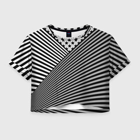 Женская футболка Crop-top 3D с принтом Полосатый комбинированный узор в Курске, 100% полиэстер | круглая горловина, длина футболки до линии талии, рукава с отворотами | звезды | комбинированный | молодежный | монохромный | полосатый | серый и черный | современный | черно белый