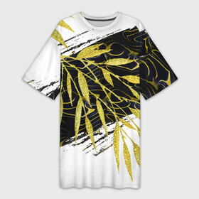Платье-футболка 3D с принтом Абстракция с золотыми листьями в Курске,  |  | абстрактный | абстракция | белый | графика | золотистый | золото | золотой | крупная | крупный | листва | листики | листья | мазки | черный