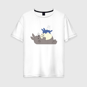 Женская футболка хлопок Oversize с принтом Sleepy Totoro в Курске, 100% хлопок | свободный крой, круглый ворот, спущенный рукав, длина до линии бедер
 | Тематика изображения на принте: ghibli | japan | nature | neigbor | neighbour | totoro | анимация | аниме | гибли | друг | животные | лес | милый | мир | миядзаки | мой сосед тоторо | мульт | мультфильм | природа | сосед | тоторо | хаяо | хранитель | япония