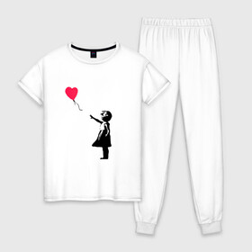 Женская пижама хлопок с принтом Balloon Girl в Курске, 100% хлопок | брюки и футболка прямого кроя, без карманов, на брюках мягкая резинка на поясе и по низу штанин | balloon girl | banksy | бэнкси | граффити | девочка с шариком | сердце