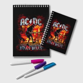 Блокнот с принтом AC/DC HELLS BELLS в Курске, 100% бумага | 48 листов, плотность листов — 60 г/м2, плотность картонной обложки — 250 г/м2. Листы скреплены удобной пружинной спиралью. Цвет линий — светло-серый
 | Тематика изображения на принте: ac dc | acdc | acdc ас дс | angus | back in black | highway to hell | mckinnon | you | австралийская | ангус янг | ас дс | асдс | блюз | в форме | гитара | группа | крис слэйд | метал | молния | музыка | певец | рок | рок н ролл | стиви янг