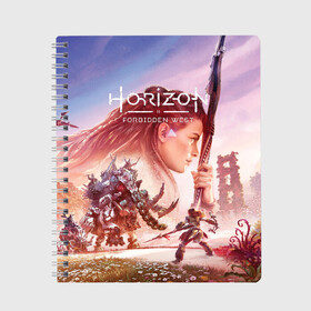 Тетрадь с принтом Элой Horizon Forbidden West DE в Курске, 100% бумага | 48 листов, плотность листов — 60 г/м2, плотность картонной обложки — 250 г/м2. Листы скреплены сбоку удобной пружинной спиралью. Уголки страниц и обложки скругленные. Цвет линий — светло-серый
 | aloy | bow | dinosaur | games | horizon forbidden west | hunt | nextgen | playstation 5 | ps5 | robot | zero dawn | горизонт | динозавр | запретный запад | игры | лук | некстген | нулевой рассвет | охота | плейстейшен 5 | пс5 | робот | элой