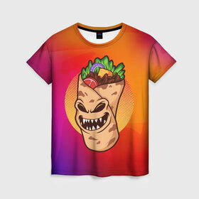 Женская футболка 3D с принтом Шаурма - зомби в Курске, 100% полиэфир ( синтетическое хлопкоподобное полотно) | прямой крой, круглый вырез горловины, длина до линии бедер | zombie | зомби | лаваш | хеллоуин | шаверма | шаурма
