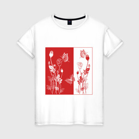 Женская футболка хлопок с принтом Цветы в фоне в Курске, 100% хлопок | прямой крой, круглый вырез горловины, длина до линии бедер, слегка спущенное плечо | бабочки | букет | красно белый | стиль | цветы