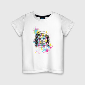 Детская футболка хлопок с принтом Кот космонавт в Курске, 100% хлопок | круглый вырез горловины, полуприлегающий силуэт, длина до линии бедер | Тематика изображения на принте: животные | кляксы | космонавт | кот | краски