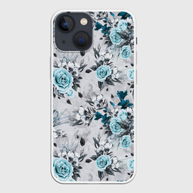 Чехол для iPhone 13 mini с принтом Синие розы в Курске,  |  | букет | винтаж | для девочек | для девушек | паттерн | розы | цветочный фон | цветы
