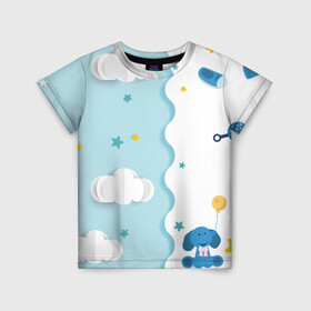 Детская футболка 3D с принтом Слоник с Шариком в Курске, 100% гипоаллергенный полиэфир | прямой крой, круглый вырез горловины, длина до линии бедер, чуть спущенное плечо, ткань немного тянется | детская | детям | для детей | картинки | малышам | малышу | облако | пижама | пижамка | слон | слоник | шарик