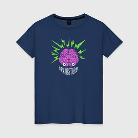 Женская футболка хлопок с принтом Brainstorm в Курске, 100% хлопок | прямой крой, круглый вырез горловины, длина до линии бедер, слегка спущенное плечо | Тематика изображения на принте: глаза | голова | мозг | молния | монстр | наука | ум | человек