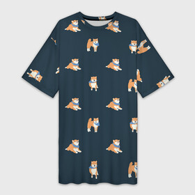 Платье-футболка 3D с принтом Шиба ину паттерн в Курске,  |  | домашние животные | кремовый окрас | мелкие породы | паттерн | порода собак | рыжая собака | сиба ину | собака в бандане | собаки | темный принт | шиба ину | шибаину | японская порода