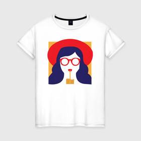 Женская футболка хлопок с принтом Девушка с коктейлем в Курске, 100% хлопок | прямой крой, круглый вырез горловины, длина до линии бедер, слегка спущенное плечо | брюнетка | девушка | очки | пин арт | стакан | шляпа