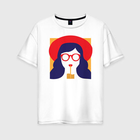 Женская футболка хлопок Oversize с принтом Девушка с коктейлем в Курске, 100% хлопок | свободный крой, круглый ворот, спущенный рукав, длина до линии бедер
 | брюнетка | девушка | очки | пин арт | стакан | шляпа