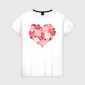 Женская футболка хлопок с принтом Сердце в розах в Курске, 100% хлопок | прямой крой, круглый вырез горловины, длина до линии бедер, слегка спущенное плечо | день святого валентина | любовь | рисунок | розы | сердце | цветы