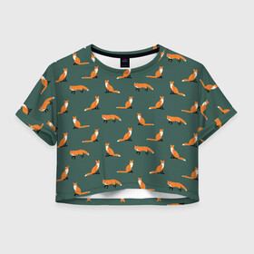 Женская футболка Crop-top 3D с принтом Лисы паттерн в Курске, 100% полиэстер | круглая горловина, длина футболки до линии талии, рукава с отворотами | животные | звери | зеленый цвет | лесные животные | лиса | лисы | оранжевый | паттерн | рыжий