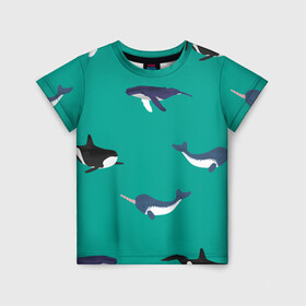 Детская футболка 3D с принтом Нарвал, киты, касатка паттерн в Курске, 100% гипоаллергенный полиэфир | прямой крой, круглый вырез горловины, длина до линии бедер, чуть спущенное плечо, ткань немного тянется | изумрудно зеленый цвет | касатки | киты | морская фауна | морские животные | морские жители | нарвал | океан | паттерн