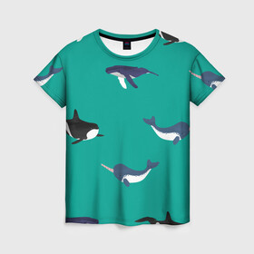 Женская футболка 3D с принтом Нарвал, киты, касатка паттерн в Курске, 100% полиэфир ( синтетическое хлопкоподобное полотно) | прямой крой, круглый вырез горловины, длина до линии бедер | изумрудно зеленый цвет | касатки | киты | морская фауна | морские животные | морские жители | нарвал | океан | паттерн