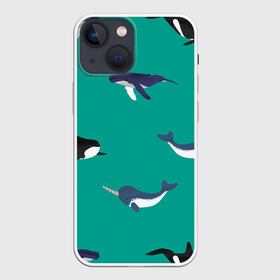 Чехол для iPhone 13 mini с принтом Нарвал, киты, касатка паттерн в Курске,  |  | изумрудно зеленый цвет | касатки | киты | морская фауна | морские животные | морские жители | нарвал | океан | паттерн