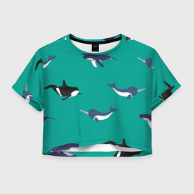 Женская футболка Crop-top 3D с принтом Нарвал, киты, касатка паттерн в Курске, 100% полиэстер | круглая горловина, длина футболки до линии талии, рукава с отворотами | изумрудно зеленый цвет | касатки | киты | морская фауна | морские животные | морские жители | нарвал | океан | паттерн