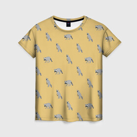 Женская футболка 3D с принтом Еноты паттерн в Курске, 100% полиэфир ( синтетическое хлопкоподобное полотно) | прямой крой, круглый вырез горловины, длина до линии бедер | pattern | raccoons | еноты | забавные животные | звери | кремовый | охра | охристый | паттерн | песочный цвет | светло желтый