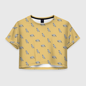 Женская футболка Crop-top 3D с принтом Еноты паттерн в Курске, 100% полиэстер | круглая горловина, длина футболки до линии талии, рукава с отворотами | pattern | raccoons | еноты | забавные животные | звери | кремовый | охра | охристый | паттерн | песочный цвет | светло желтый