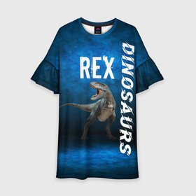 Детское платье 3D с принтом Dinosaurs Rex 3D в Курске, 100% полиэстер | прямой силуэт, чуть расширенный к низу. Круглая горловина, на рукавах — воланы | dinosaurs rex | tyrannosaurus | динозавры | принт с динозавром | рекс | тиранозавр | топ | тренд