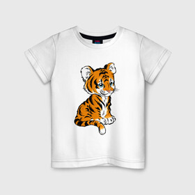 Детская футболка хлопок с принтом Little Tiger в Курске, 100% хлопок | круглый вырез горловины, полуприлегающий силуэт, длина до линии бедер | Тематика изображения на принте: 2022 | animal | cat | lion | tiger | год тигра | животные | зверь | зубы | кот | кошка | лев | охотник | полосатый | природа | тигр | тигренок | тигрица | хищник