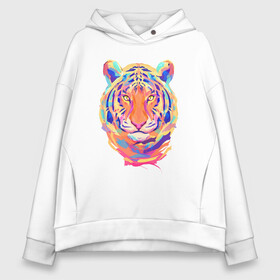 Женское худи Oversize хлопок с принтом Color Tiger в Курске, френч-терри — 70% хлопок, 30% полиэстер. Мягкий теплый начес внутри —100% хлопок | боковые карманы, эластичные манжеты и нижняя кромка, капюшон на магнитной кнопке | 2022 | animal | cat | lion | tiger | год тигра | животные | зверь | зубы | кот | кошка | лев | охотник | полосатый | природа | тигр | тигренок | тигрица | хищник