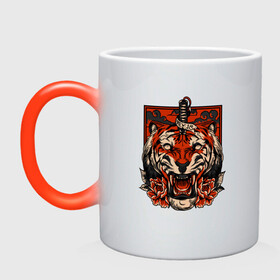 Кружка хамелеон с принтом Red Tiger в Курске, керамика | меняет цвет при нагревании, емкость 330 мл | 2022 | animal | cat | lion | tiger | год тигра | животные | зверь | зубы | кот | кошка | лев | охотник | полосатый | природа | тигр | тигренок | тигрица | хищник