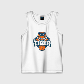 Детская майка хлопок с принтом Tiger Basketball в Курске,  |  | Тематика изображения на принте: 2022 | animal | basketball | cat | lion | nba | tiger | баскетбол | год тигра | животные | зверь | зубы | кот | кошка | лев | нба | охотник | полосатый | природа | спорт | тигр | тигренок | тигрица | хищник