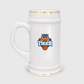 Кружка пивная с принтом Tiger Basketball в Курске,  керамика (Материал выдерживает высокую температуру, стоит избегать резкого перепада температур) |  объем 630 мл | Тематика изображения на принте: 2022 | animal | basketball | cat | lion | nba | tiger | баскетбол | год тигра | животные | зверь | зубы | кот | кошка | лев | нба | охотник | полосатый | природа | спорт | тигр | тигренок | тигрица | хищник