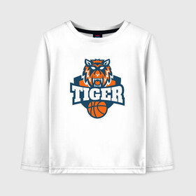 Детский лонгслив хлопок с принтом Tiger Basketball в Курске, 100% хлопок | круглый вырез горловины, полуприлегающий силуэт, длина до линии бедер | 2022 | animal | basketball | cat | lion | nba | tiger | баскетбол | год тигра | животные | зверь | зубы | кот | кошка | лев | нба | охотник | полосатый | природа | спорт | тигр | тигренок | тигрица | хищник