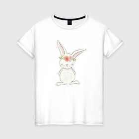 Женская футболка хлопок с принтом милый кролик в Курске, 100% хлопок | прямой крой, круглый вырез горловины, длина до линии бедер, слегка спущенное плечо | заяц | кролик. венок | лапы | мода | мультик | персонаж | уши | хвост