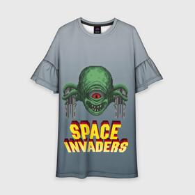 Детское платье 3D с принтом Space Invaders | Old game (Z) в Курске, 100% полиэстер | прямой силуэт, чуть расширенный к низу. Круглая горловина, на рукавах — воланы | dendy | invaders | nintendo | shootem up | space invaders | денди | захватчики | космические захватчики | су имбэ | чужаки