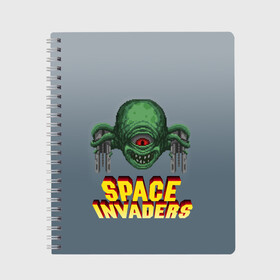 Тетрадь с принтом Space Invaders | Old game (Z) в Курске, 100% бумага | 48 листов, плотность листов — 60 г/м2, плотность картонной обложки — 250 г/м2. Листы скреплены сбоку удобной пружинной спиралью. Уголки страниц и обложки скругленные. Цвет линий — светло-серый
 | dendy | invaders | nintendo | shootem up | space invaders | денди | захватчики | космические захватчики | су имбэ | чужаки