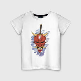 Детская футболка хлопок с принтом Маска в Курске, 100% хлопок | круглый вырез горловины, полуприлегающий силуэт, длина до линии бедер | демон | катана | маска | сакура | хання | япония | японская маска | японский демон