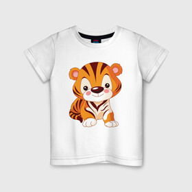 Детская футболка хлопок с принтом Little Tiger в Курске, 100% хлопок | круглый вырез горловины, полуприлегающий силуэт, длина до линии бедер | Тематика изображения на принте: 2022 | animal | cat | lion | tiger | год тигра | животные | зверь | зубы | кот | кошка | лев | охотник | полосатый | природа | тигр | тигренок | тигрица | хищник