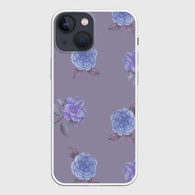 Чехол для iPhone 13 mini с принтом Голубые камелии на сером в Курске,  |  | 8 марта | flowers | march 8 | spring | ботаническая иллюстрация | весна | день рождения | зеленый | камелии | лето | листья | любовь | праздник | принт | природа | растения | серый | цветы