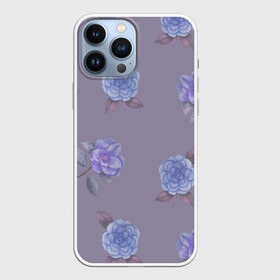 Чехол для iPhone 13 Pro Max с принтом Голубые камелии на сером в Курске,  |  | 8 марта | flowers | march 8 | spring | ботаническая иллюстрация | весна | день рождения | зеленый | камелии | лето | листья | любовь | праздник | принт | природа | растения | серый | цветы