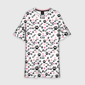 Детское платье 3D с принтом Следы кошачьих лап  в Курске, 100% полиэстер | прямой силуэт, чуть расширенный к низу. Круглая горловина, на рукавах — воланы | веселый | детский | для девочек | кошачьи следы | кошки | модный | розовый | следы | черный