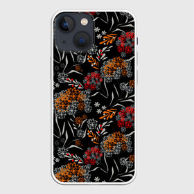Чехол для iPhone 13 mini с принтом Цветочный модный узор в Курске,  |  | красный и желтый | листья | осенние листья | осенний | темный | укроп | цветочный узор | цветы | черный