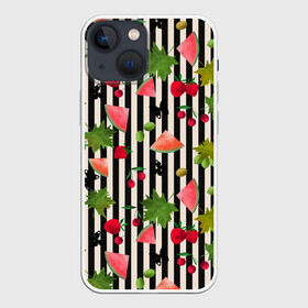 Чехол для iPhone 13 mini с принтом Ягодно арбузный микс в Курске,  |  | акварель | арбузы | бабочки | вишня | клубника | полосатый | фрукты | черно белые полосы | черные полосы | ягоды
