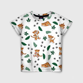 Детская футболка 3D с принтом Милый тигр в Курске, 100% гипоаллергенный полиэфир | прямой крой, круглый вырез горловины, длина до линии бедер, чуть спущенное плечо, ткань немного тянется | 2022 | год тигра | листья | милый тигр | новый год | паттерн | принт | саванна | следы | тигренок | фон | хищник