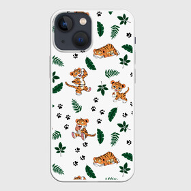 Чехол для iPhone 13 mini с принтом Милый тигр в Курске,  |  | 2022 | год тигра | листья | милый тигр | новый год | паттерн | принт | саванна | следы | тигренок | фон | хищник