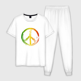 Мужская пижама хлопок с принтом Радужный мир | Peace (Z) в Курске, 100% хлопок | брюки и футболка прямого кроя, без карманов, на брюках мягкая резинка на поясе и по низу штанин
 | bloom | blossom | floret | flowers | hippies | peace | знак | любовь | мир | радуга | радужный | радужный мир | символ | хиппи | цветы