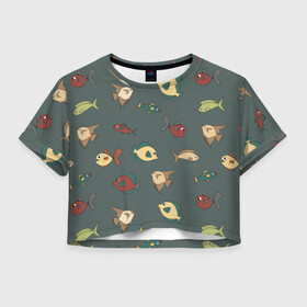 Женская футболка Crop-top 3D с принтом Морские рыбки на зеленом фоне в Курске, 100% полиэстер | круглая горловина, длина футболки до линии талии, рукава с отворотами | fish | summer | tdsmr | весна | зеленый | лето | море | праздник | принт | природа | рыбы