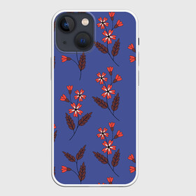 Чехол для iPhone 13 mini с принтом Цветы на синем фоне в Курске,  |  | 8 марта | flowers | summer | ботаническая иллюстрация | весна | коричневый | красный | лето | листья | любовь | праздник | принт | природа | растения | синий | цветы